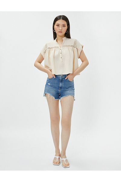 Koton Crop Bohemian Blouse Magnificent Collar Stripe Crochet Detail