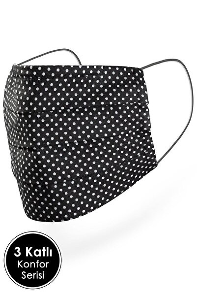 Mutlu Maske Konfor Modeli 3 Katlı Telli Siyah Puantiyeli Desenli Unisex Pamuklu Kumaş Yıkanabilir Bez Maske