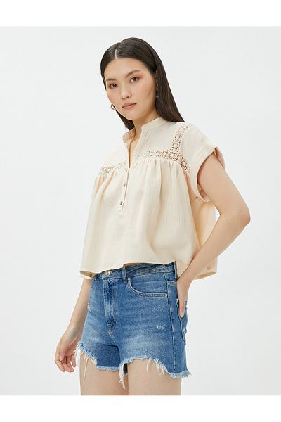 Koton Crop Bohemian Blouse Magnificent Collar Stripe Crochet Detail