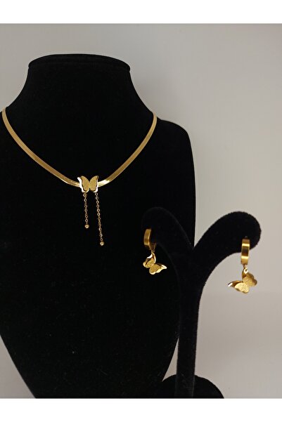 Romea İtalyan zincir kelebek kolye & Küpe Takı Seti