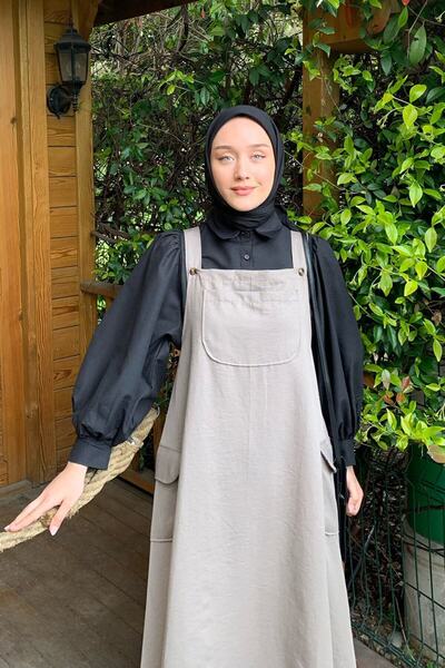 Ceylan Otantik Mink Linen Skirt Salopet & Black Classic Collar Crop Shirt