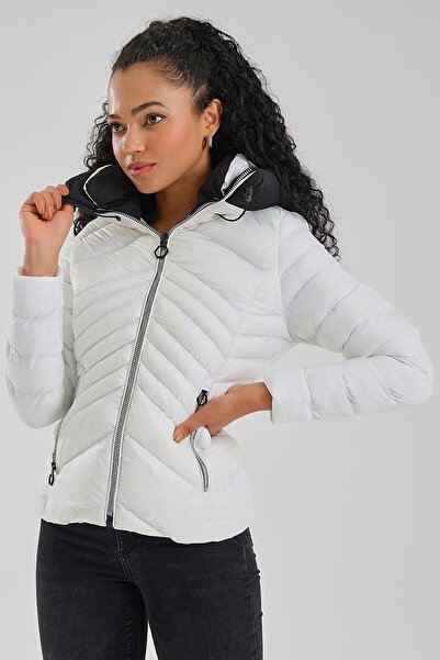 Rodi Jeans White Slim Fit Hooded Women's Coat - Stand Collar