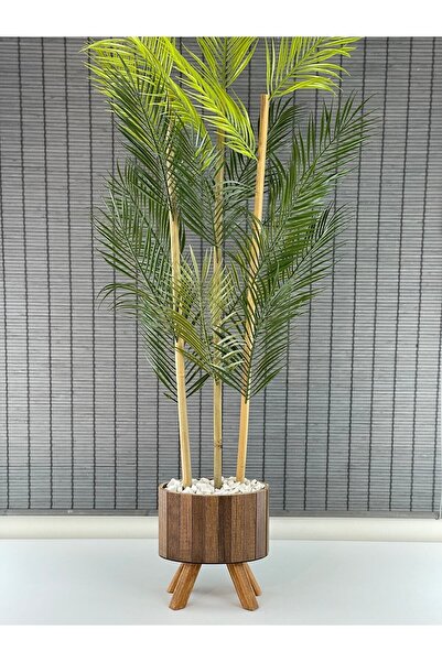 Bahçem Yapay Çiçek Palmiye Ahşap Elips Saksılı Ayaklı Areka Yapay Bitki Salon Çiçeği 18 Yapraklı 135cm