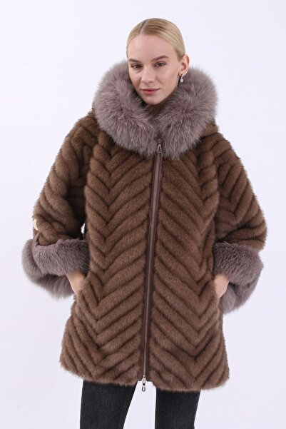 NEVADA Kahverengi Kapşonlu Tilki Yaka Mont