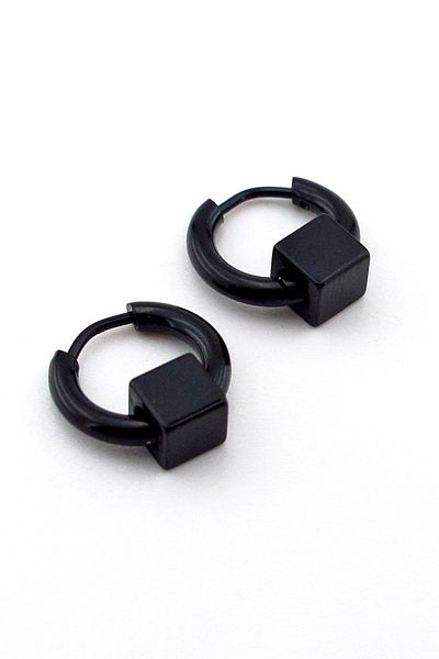 Solfera Cube Design Black Stainless Steel Men's Women's Hoop Earrings ER022
