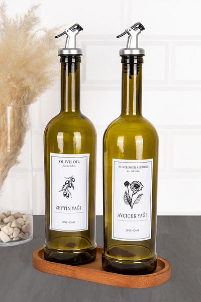 DNS HOME Set of 2 Amber Glass Oil Pots with Wooden Stand Olive Oil Sunflower Oil Bottle Lock Cap Oil Pot 750 ml