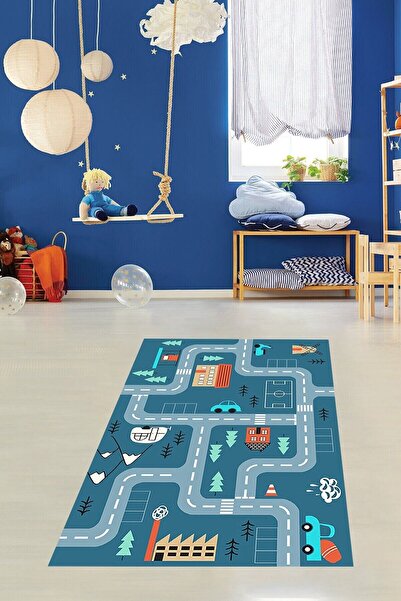 Gökotta Araba Yollu Trafik Yolu Eğitici Oyun Halısı Dijital Baskılı Kaymaz Ta...