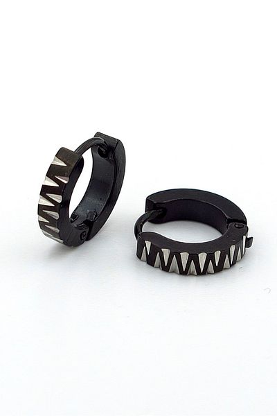 Solfera Men's Earrings - Black Stainless Steel with Cross Nailhead and Notched Ring Er014