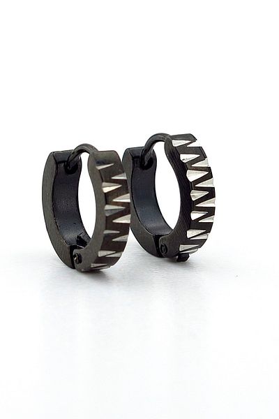 Solfera Men's Earrings - Black Stainless Steel with Cross Nailhead and Notched Ring Er014