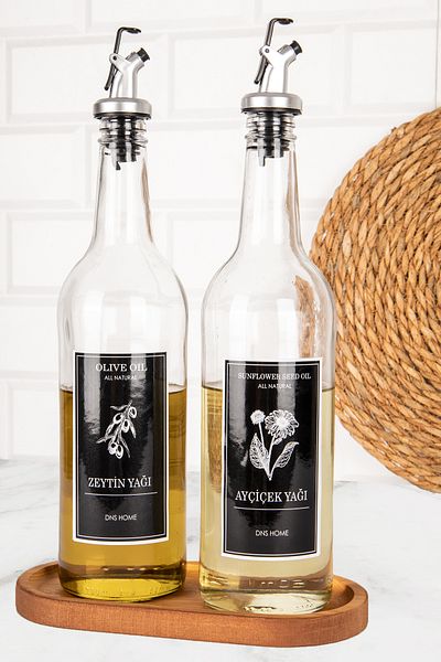 DNS HOME 2-Piece Glass Oil Pot with Wooden Stand Olive Oil Sunflower Oil Bottle Gray Lock Cap Oil Pot 750 ml