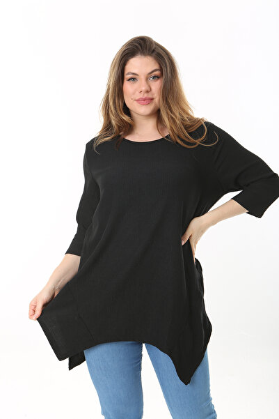 Şans Women's Large Size Black Skirt Top Detailed Capri Sleeve Blouse 65n37505