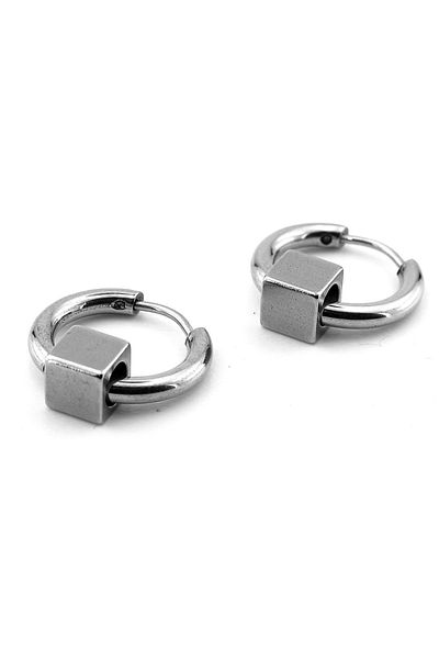 Solfera Cube Design Silver Color Stainless Steel Men's Women's Hoop Earrings ER023