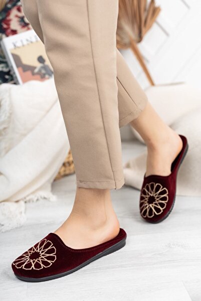 Modafırsat Vínové dámské chetitské domácí pantofle Zimní vnitřní měkká podrážka Pohodlné pantofle Vyšívané pantofle s věnem
