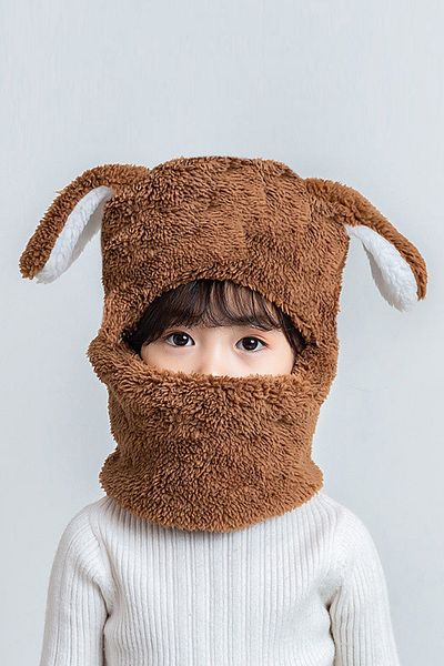 Nurnivus Rabbit Kids Plush Beanie Scarf Thermal Hooded Neck Collar Windproof Hat with Ears