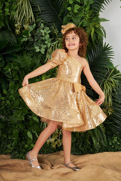 zühre balaban One Shoulder Gold Color Sequined Girl's Evening Dress