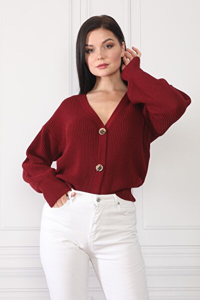 Devinka سترة نسائية باللون العنابي ذات 3 أزرار ورقبة على شكل حرف V
