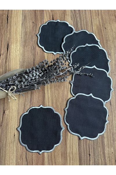Nurhanhome 6 Pieces Black Color Linen Fabric Edges with Silver Embroidery Coffee Side Cocktail Presentation Napkins