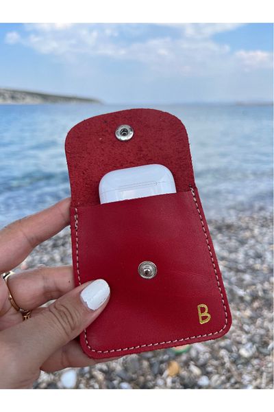 Pinkylola Letter B, Square Model Red Genuine Leather Coin Purse / Airpod Case