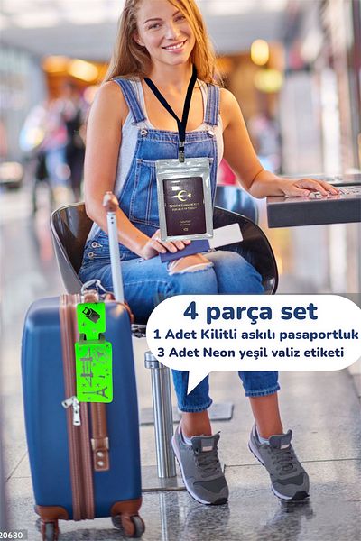 Gempo 4 Piece Travel Anti Lost Set, 1 Passport Cover with Lock Strap and 3 Neon Suitcase Luggage Tags