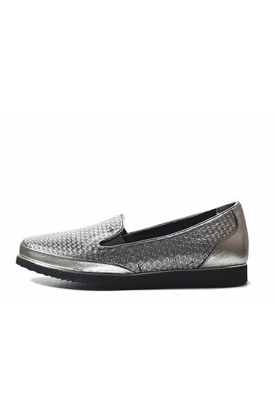 Onlo Ayakkabı E30 Genuine Leather Gray Orthopedic Women's Ballerinas Large Size