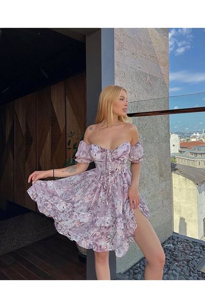 Ekim Store Gloped Sunset Flower Pattern Chiffon Dress