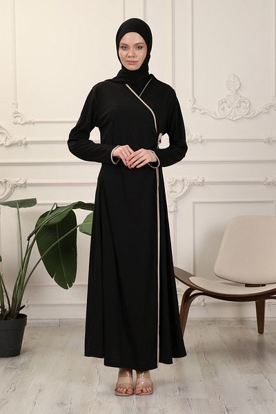 Transacoustic Black Double Breasted Collar Piping Flexible Interlock Fabric Prayer Dress Abaya