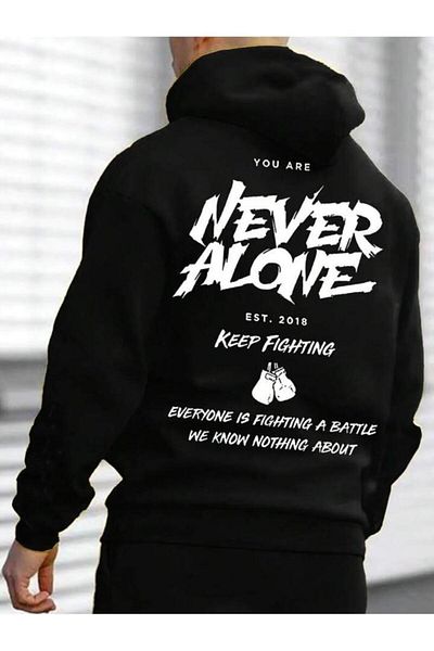 Khione Unisex Μαύρο Never Alone Φούτερ με κουκούλα με κουκούλα