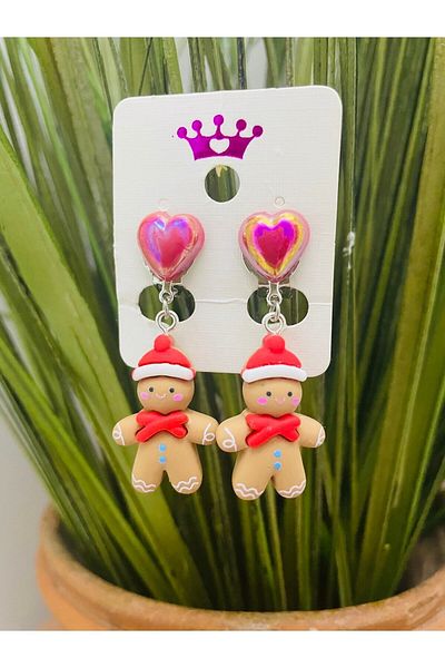 1PARÇAMAVİ Gingerbread Man with Heart Clip Children's Earrings - Non-perforated Earrings
