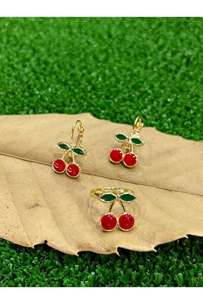 Floriaco Kız Çocuk Küpe Ve Yüzük Seti Kırmızı Kirazlı Ayarlanabilir Yüzüklü