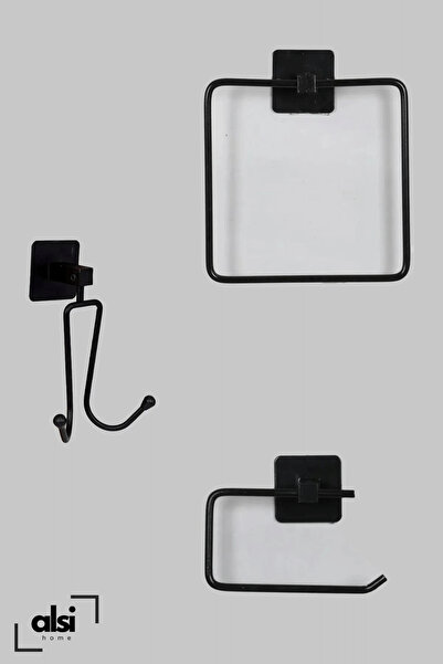 ALSİ HOME Yapışkanlı Siyah Kare Havluluk Wc Tuvalet Kağıtlık ve 2 Kancalı Ask...