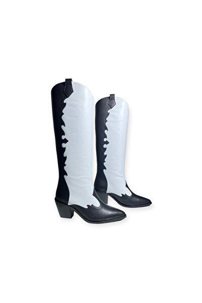 TND Kadın Siyah Beyaz Kovbot Hakiki Deri Çizme