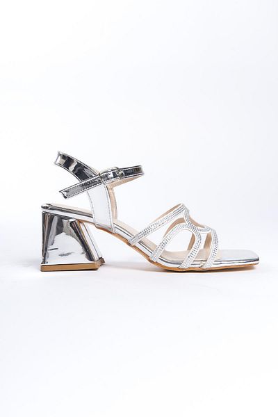 bescobel Dámské sandály Pedma Silver Low Thick Heel Stone Sandals 5 cm 205