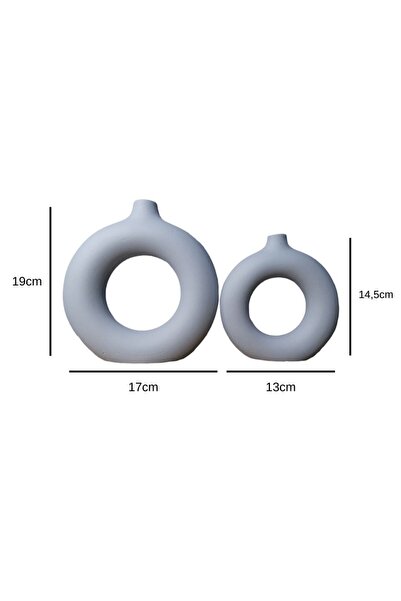 ZEALL DESIGNS Mat Gri Seramik Bohem Set 2'li Halka Vazo 2'li Kısa Kulplu Mumluk Sevgili Biblo 2'li Sunumluk Tepsi