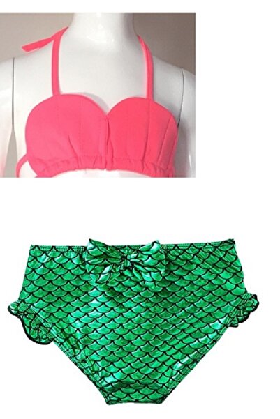 KorSeZen Kız Çocuk Pembe - Yeşil Denizkızı  Bikini Takımı 2 Parça