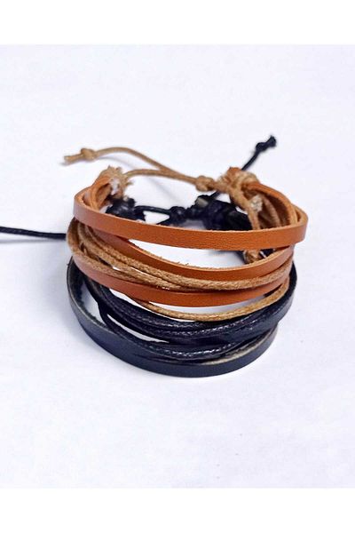 BSN Store Multiple Tan/Black 2 Pieces Genuine Leather Bracelet