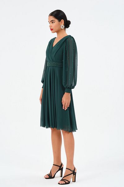 DANS ABİYE Double Breasted Collar Sleeves Stone Embroidered Chiffon Fabric Evening Dress