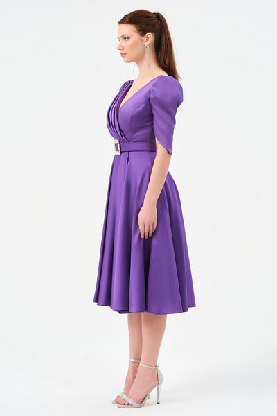 DANS ABİYE Double Breasted Collar Sleeve Detailed Belted Satin Evening Dress