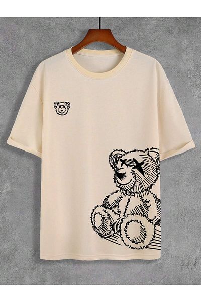 MAGORS Unisex Oversize εμπριμέ βαμβακερή λαιμόκοψη κοντό μανίκι μπεζ μπλουζάκι