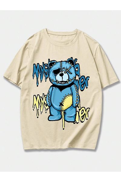 MAGORS Unisex Oversize εμπριμέ βαμβακερή λαιμόκοψη κοντό μανίκι μπεζ μπλουζάκι