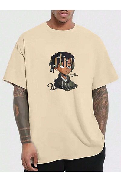 MAGORS Unisex Oversize εμπριμέ βαμβακερή λαιμόκοψη κοντό μανίκι μπεζ μπλουζάκι