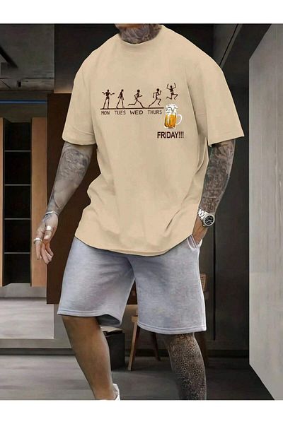 MAGORS Unisex Oversize εμπριμέ βαμβακερή λαιμόκοψη κοντό μανίκι μπεζ μπλουζάκι