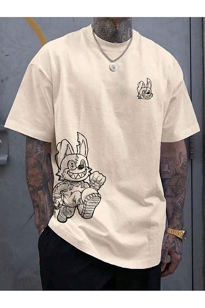MAGORS Unisex Oversize εμπριμέ βαμβακερή λαιμόκοψη κοντό μανίκι μπεζ μπλουζάκι