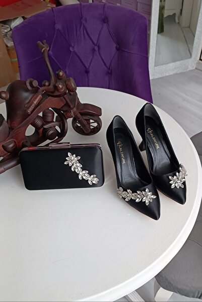 LA CALZATURE Set geantă din satin neagră combinație 9 cm șampanie cu toc stea...