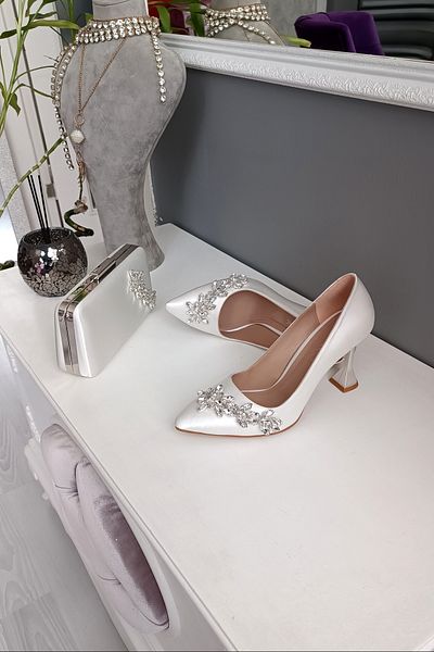 LA CALZATURE Sedef Satin Bag Set Combination 9cm Champagne Heeled Star Stone Stiletto Women's Evening Dress Shoes