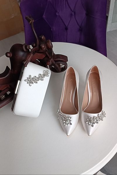LA CALZATURE Sedef Satin Bag Set Combination 9cm Champagne Heeled Star Stone Stiletto Women's Evening Dress Shoes