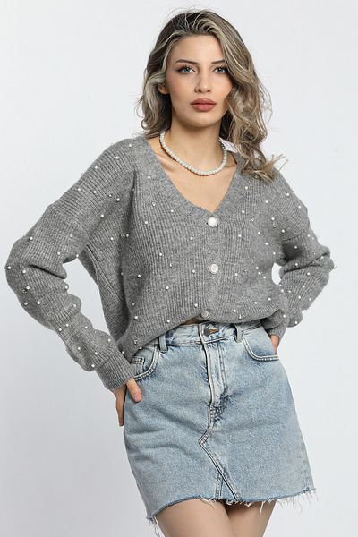 GÜLSELİ Gray Women's Pearl and Stone Knitwear Cardigan