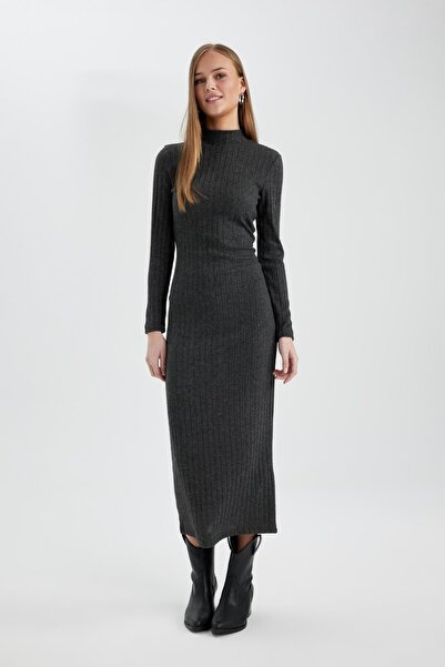 DeFacto Basic Bodycon Maxi Dress - Half Turtleneck, Thick Camisole, Long Slee...