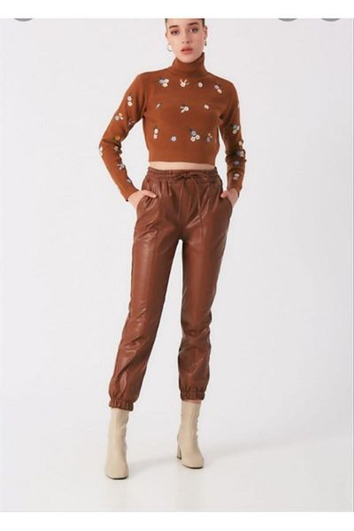 modaAdora Women's Leather Elastic Waist and Leg Jogger Trousers Ard-1202