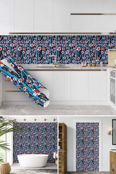 Dekoros Blue Red Floral Adhesive Foil, Cabinet Table Furniture Covering Sticker Large Size Foil 0712