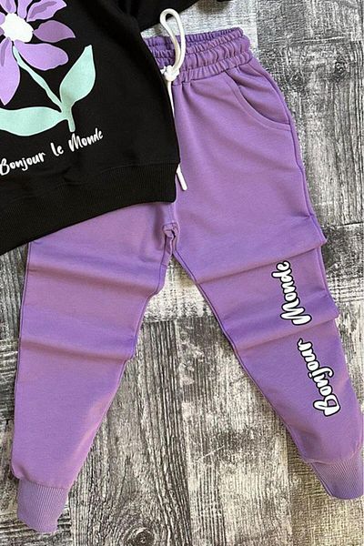 Riccotarz Girl's Text and Floral Printed Sweatshirt Hooded Lilac Tracksuit Set
